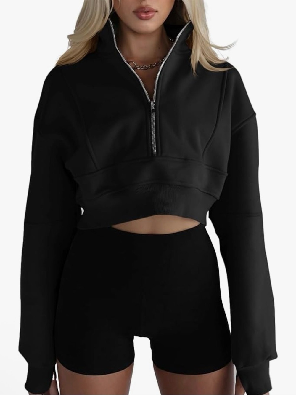 Black Cropped Half-Zip Sweatshirt - Women Tops